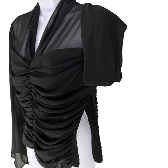 JS Boutique Womens 8 Ruched Black Long Bell Sleeve Blouse Coquette Vampy Top - Picture 6 of 16